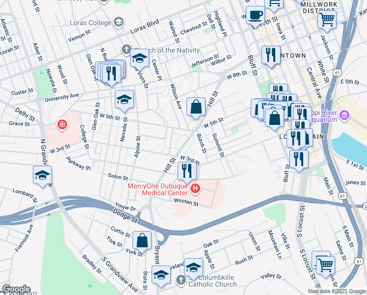 map of restaurants, bars, coffee shops, grocery stores, and more near 955 West 3rd Street in Dubuque