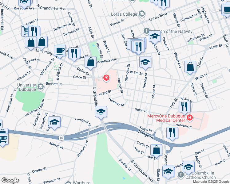 map of restaurants, bars, coffee shops, grocery stores, and more near 1569 Parkway Street in Dubuque