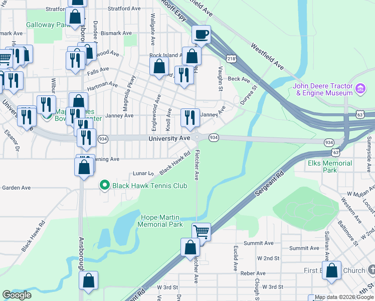 map of restaurants, bars, coffee shops, grocery stores, and more near 416 Black Hawk Road in Waterloo