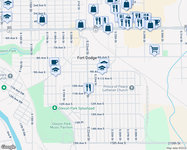 map of restaurants, bars, coffee shops, grocery stores, and more near 2220 9 1/2 Avenue South in Fort Dodge