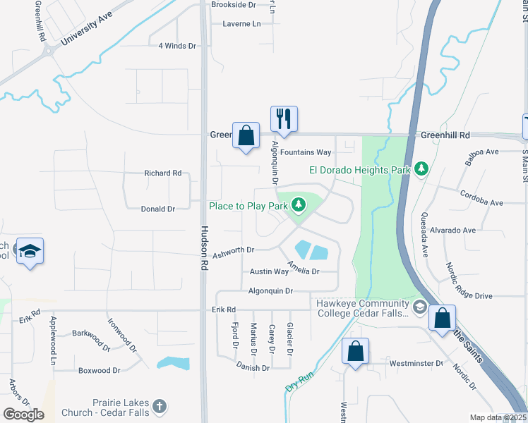 map of restaurants, bars, coffee shops, grocery stores, and more near 4715 Algonquin Drive in Cedar Falls