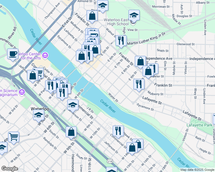 map of restaurants, bars, coffee shops, grocery stores, and more near 113 East 8th Street in Waterloo