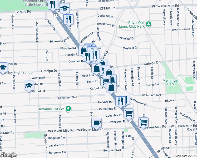 map of restaurants, bars, coffee shops, grocery stores, and more near 27799 Woodward Avenue in Berkley
