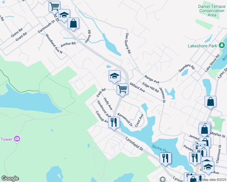 map of restaurants, bars, coffee shops, grocery stores, and more near 84 Park Road in Lynn