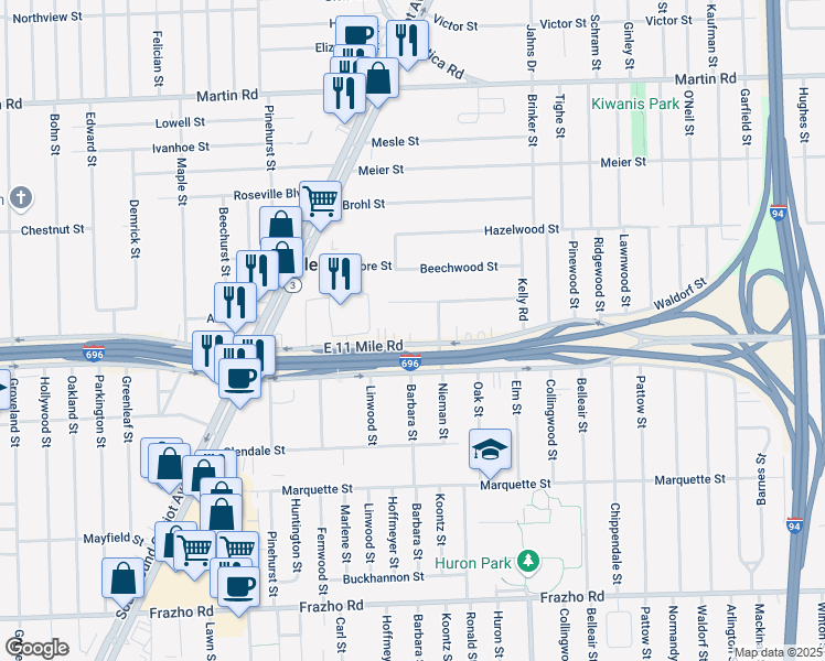 map of restaurants, bars, coffee shops, grocery stores, and more near 18265 East Eleven Mile Road in Roseville