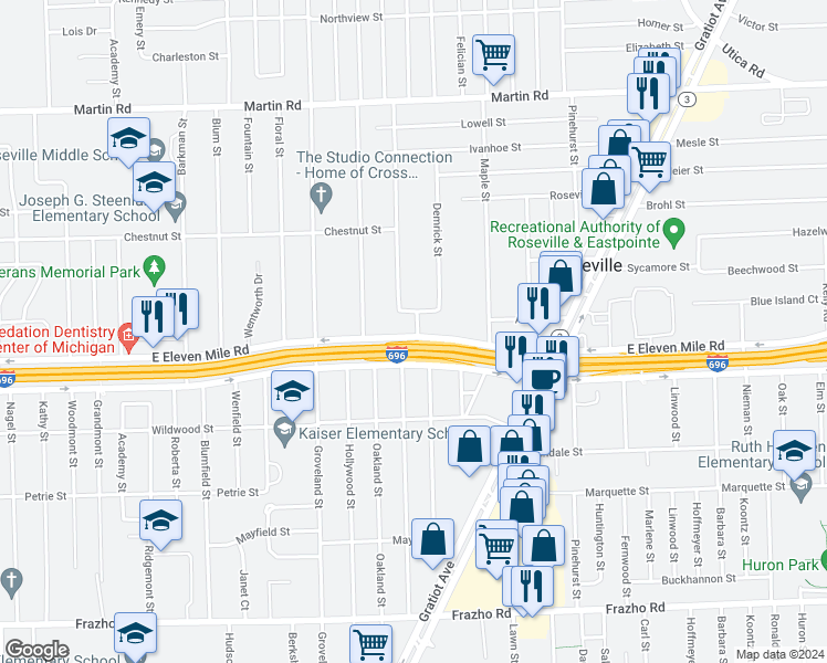 map of restaurants, bars, coffee shops, grocery stores, and more near 27051 Demrick Street in Roseville