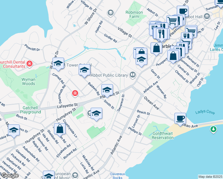map of restaurants, bars, coffee shops, grocery stores, and more near 263 Pleasant Street in Marblehead