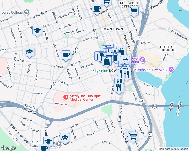 map of restaurants, bars, coffee shops, grocery stores, and more near 500 West 3rd Street in Dubuque