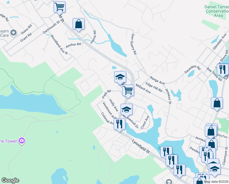map of restaurants, bars, coffee shops, grocery stores, and more near 84 Park Road in Lynn