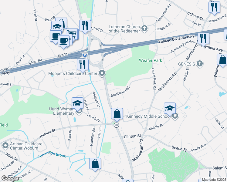 map of restaurants, bars, coffee shops, grocery stores, and more near 11 Brentwood Road in Woburn