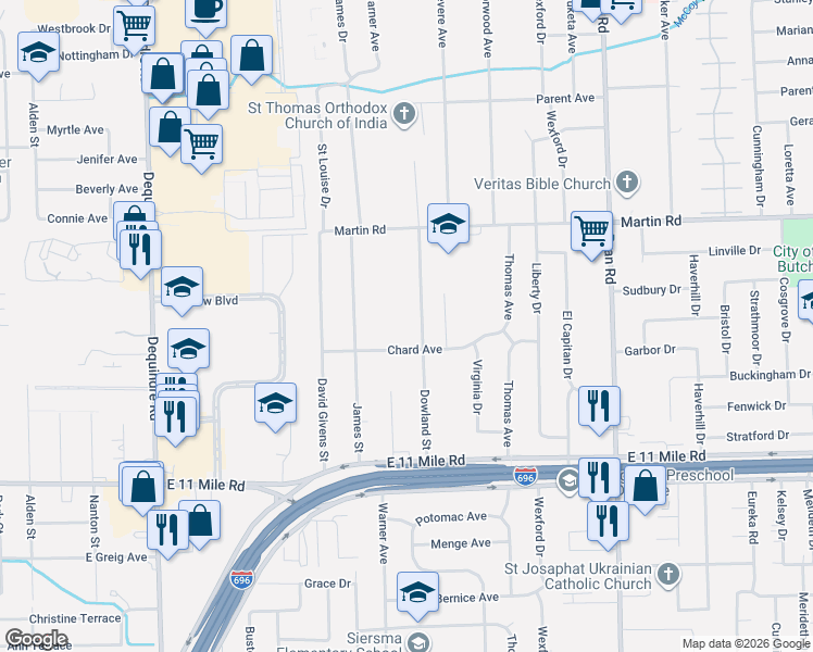 map of restaurants, bars, coffee shops, grocery stores, and more near 27524 Dowland Street in Warren