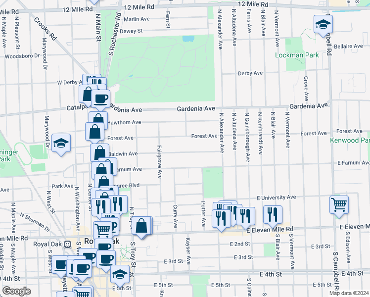 map of restaurants, bars, coffee shops, grocery stores, and more near 622 Baldwin Avenue in Royal Oak