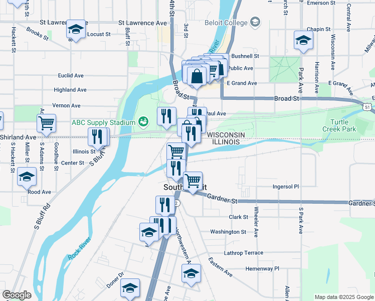 map of restaurants, bars, coffee shops, grocery stores, and more near 128 Blackhawk Boulevard in South Beloit