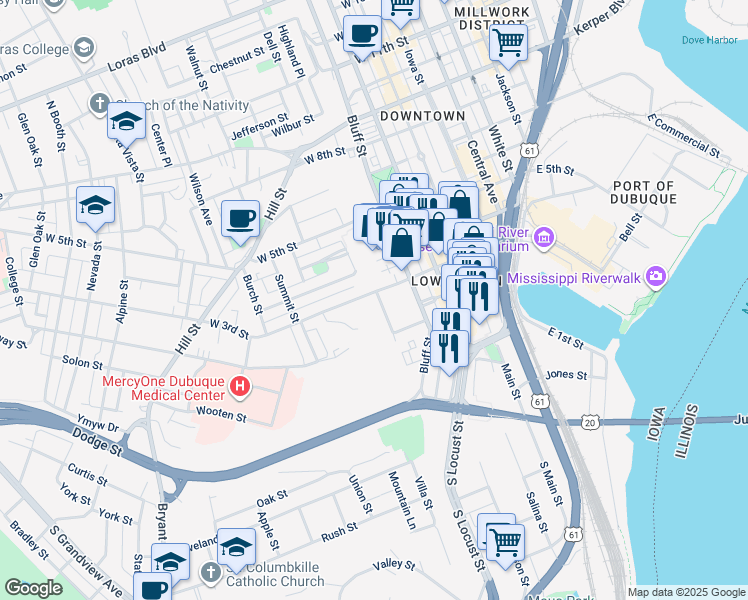 map of restaurants, bars, coffee shops, grocery stores, and more near 255 Kellys Bluff Street in Dubuque