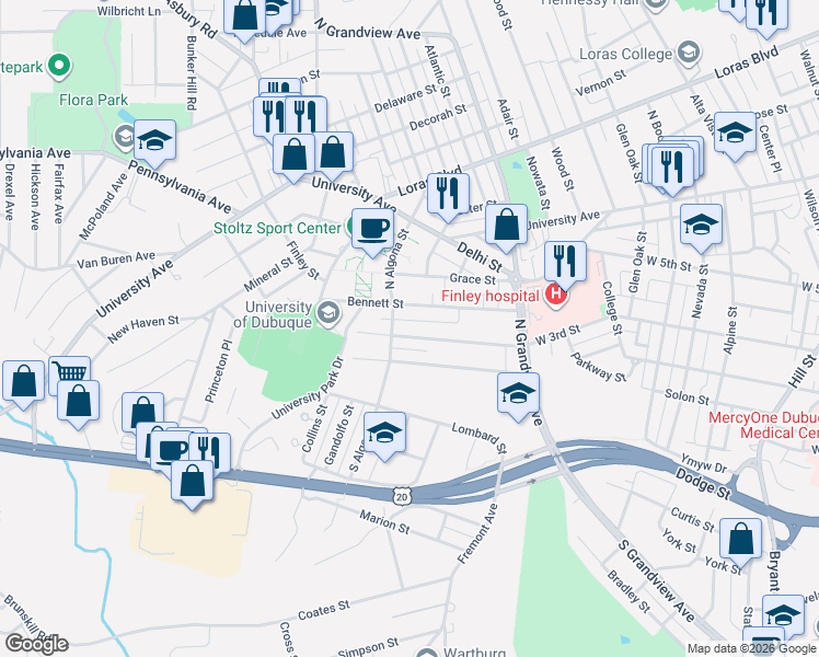 map of restaurants, bars, coffee shops, grocery stores, and more near 2020 West 3rd Street in Dubuque