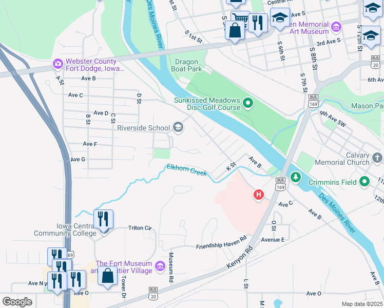 map of restaurants, bars, coffee shops, grocery stores, and more near 705 Westridge Road in Fort Dodge