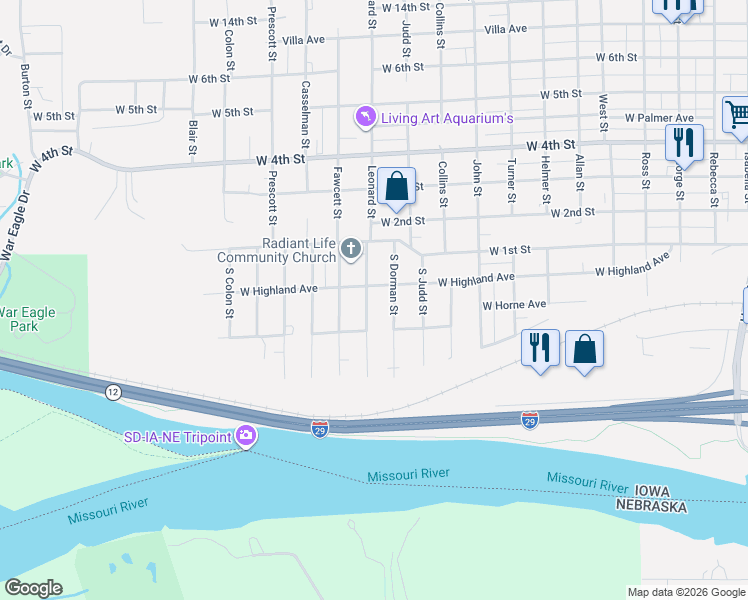 map of restaurants, bars, coffee shops, grocery stores, and more near 201-299 South Dorman Street in Sioux City