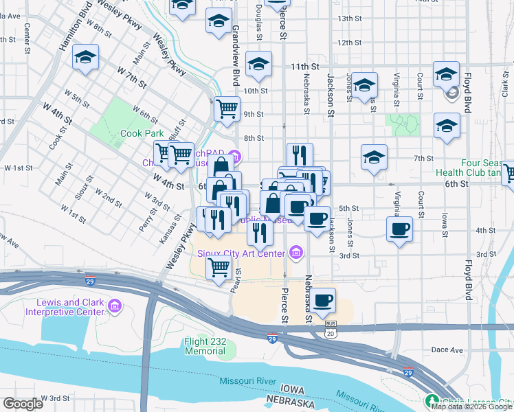 map of restaurants, bars, coffee shops, grocery stores, and more near 401-499 Douglas Street in Sioux City