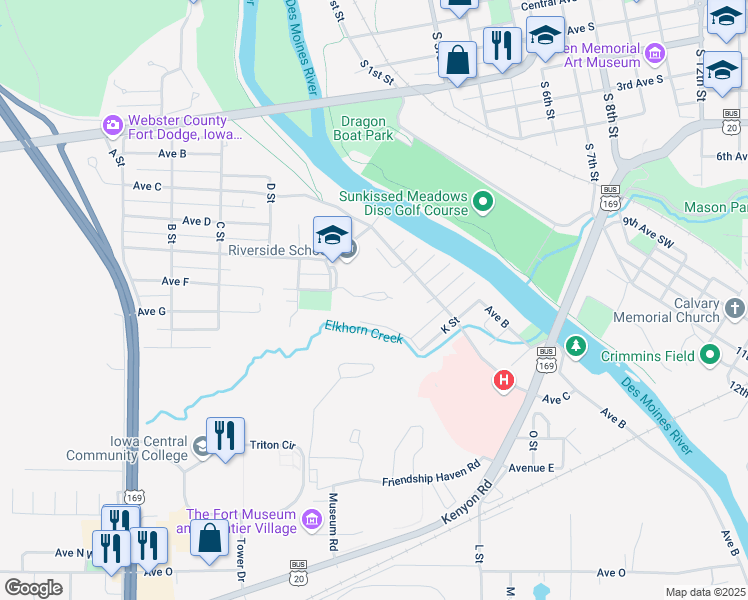 map of restaurants, bars, coffee shops, grocery stores, and more near 705 Westridge Road in Fort Dodge