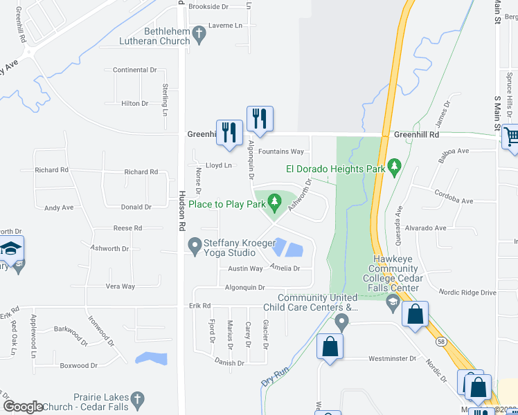 map of restaurants, bars, coffee shops, grocery stores, and more near Algonquin Drive in Cedar Falls