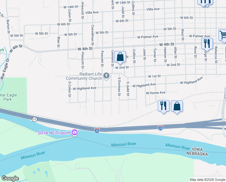 map of restaurants, bars, coffee shops, grocery stores, and more near 201-299 South Dorman Street in Sioux City