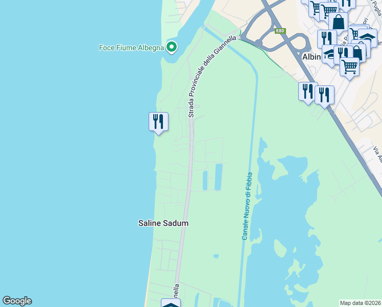 map of restaurants, bars, coffee shops, grocery stores, and more near 212 Strada Provinciale della Giannella in Provincia di Grosseto