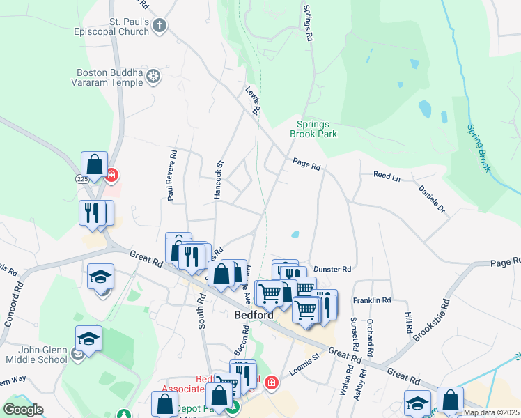 map of restaurants, bars, coffee shops, grocery stores, and more near 92 Springs Road in Bedford