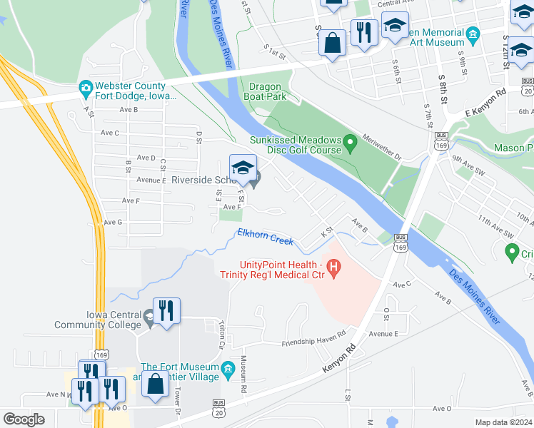 map of restaurants, bars, coffee shops, grocery stores, and more near 705 Westridge Road in Fort Dodge