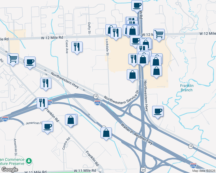 map of restaurants, bars, coffee shops, grocery stores, and more near 28101-28381 Lockdale Street in Southfield