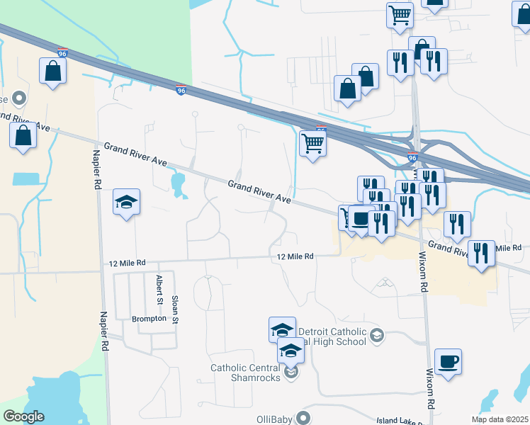 map of restaurants, bars, coffee shops, grocery stores, and more near 50187 Helfer Boulevard in Wixom