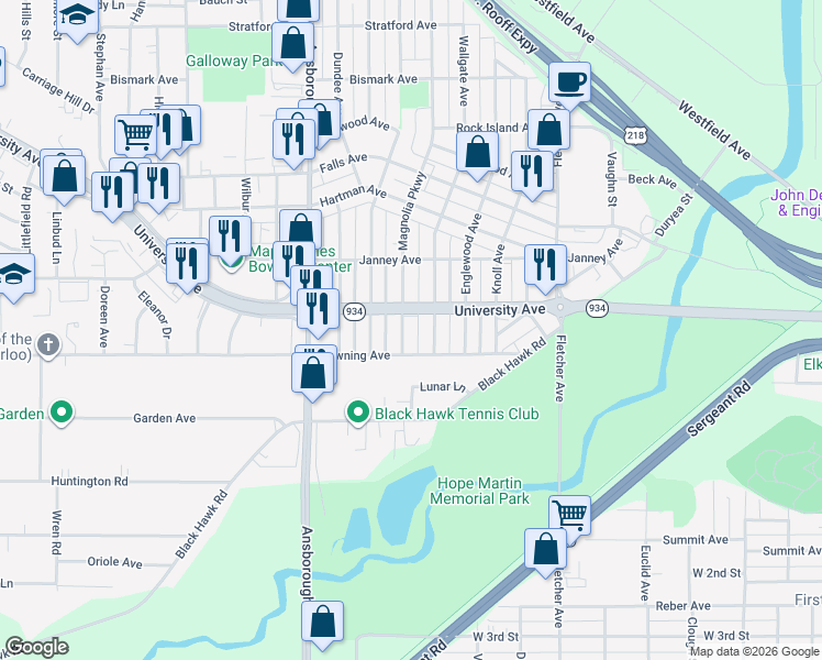 map of restaurants, bars, coffee shops, grocery stores, and more near 1325 Magnolia Parkway in Waterloo