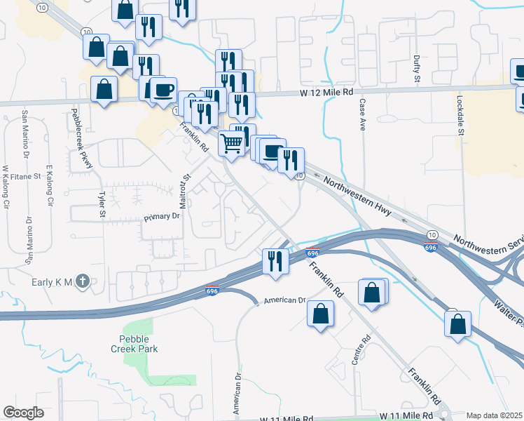 map of restaurants, bars, coffee shops, grocery stores, and more near Franklin Road in Southfield