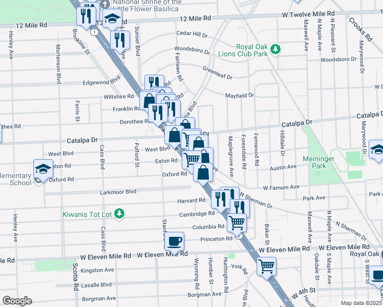 map of restaurants, bars, coffee shops, grocery stores, and more near 27799 Woodward Avenue in Berkley