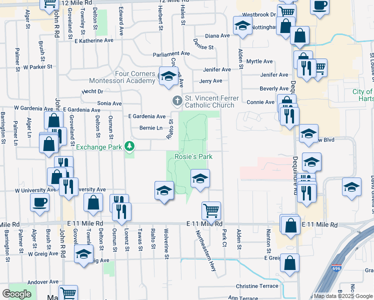 map of restaurants, bars, coffee shops, grocery stores, and more near 1111 East Farnum Avenue in Madison Heights