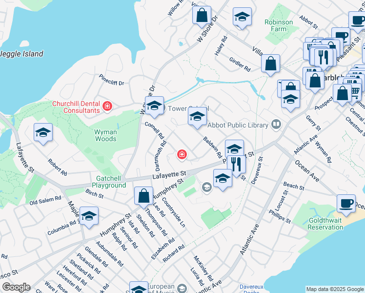 map of restaurants, bars, coffee shops, grocery stores, and more near 9 Widger Road in Marblehead