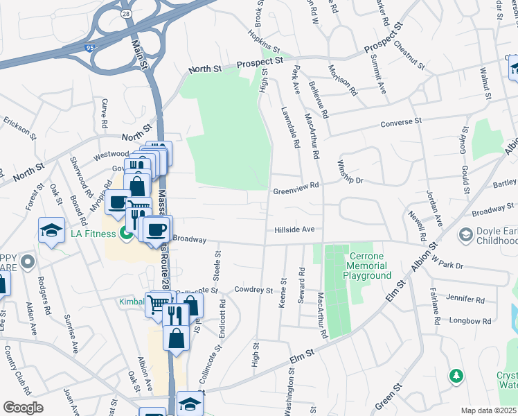 map of restaurants, bars, coffee shops, grocery stores, and more near 65A High Street in Stoneham