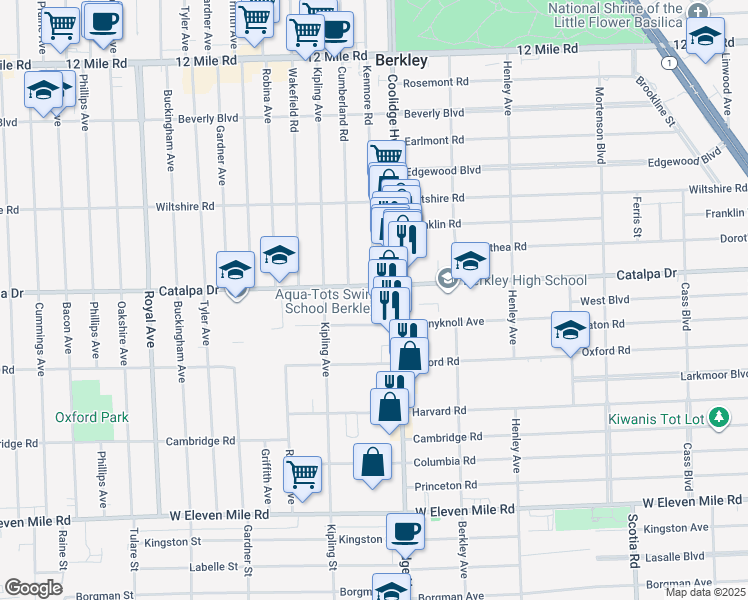 map of restaurants, bars, coffee shops, grocery stores, and more near 2485 Coolidge Highway in Berkley
