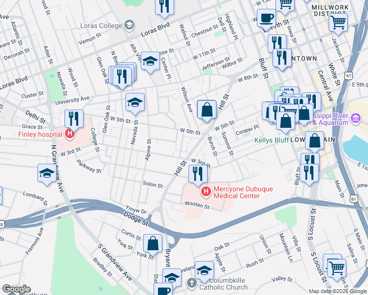 map of restaurants, bars, coffee shops, grocery stores, and more near 1007 West 3rd Street in Dubuque