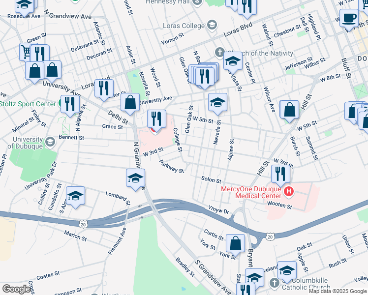 map of restaurants, bars, coffee shops, grocery stores, and more near 1501-1525 Douglas Street in Dubuque