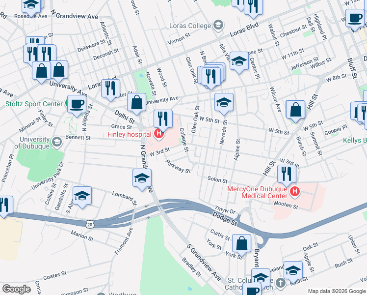 map of restaurants, bars, coffee shops, grocery stores, and more near 1501-1525 Douglas Street in Dubuque