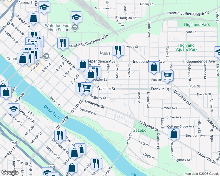 map of restaurants, bars, coffee shops, grocery stores, and more near 422 Elm Street in Waterloo