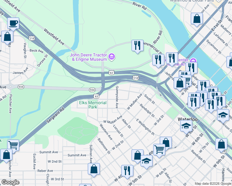 map of restaurants, bars, coffee shops, grocery stores, and more near 222 Randall Street in Waterloo