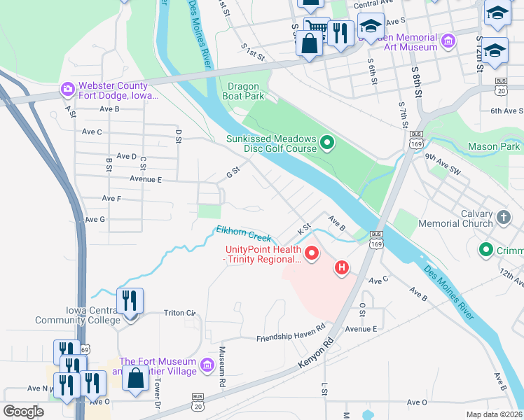 map of restaurants, bars, coffee shops, grocery stores, and more near 316 J Street in Fort Dodge