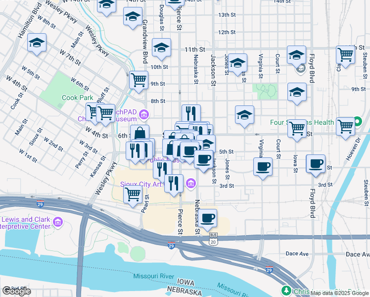 map of restaurants, bars, coffee shops, grocery stores, and more near 421 Pierce Street in Sioux City