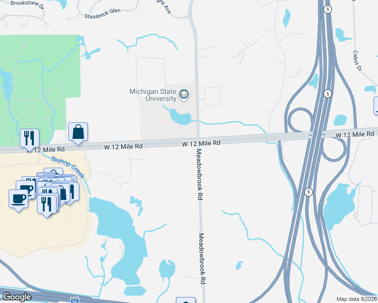 map of restaurants, bars, coffee shops, grocery stores, and more near 41555 West 12 Mile Road in Novi