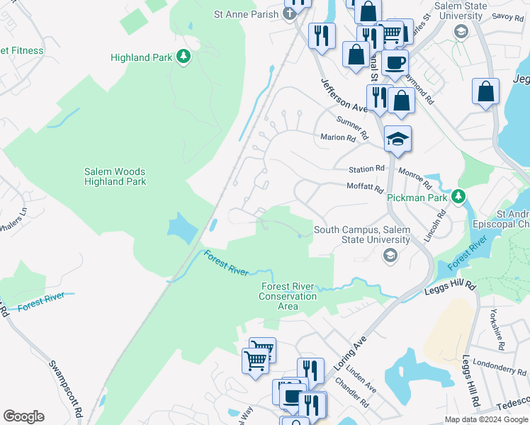 map of restaurants, bars, coffee shops, grocery stores, and more near 4 Stillwell Drive in Salem