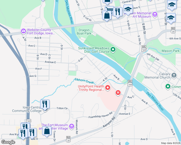 map of restaurants, bars, coffee shops, grocery stores, and more near 316 J Street in Fort Dodge