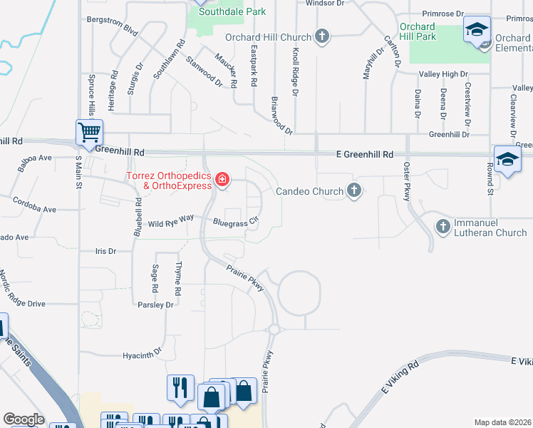 map of restaurants, bars, coffee shops, grocery stores, and more near 914 Bluegrass Circle in Cedar Falls