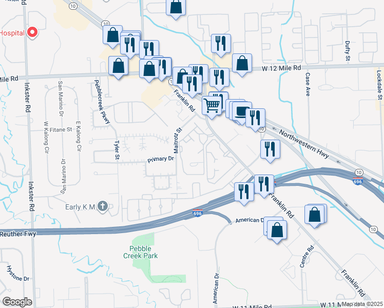 map of restaurants, bars, coffee shops, grocery stores, and more near 28509 Franklin Road in Southfield