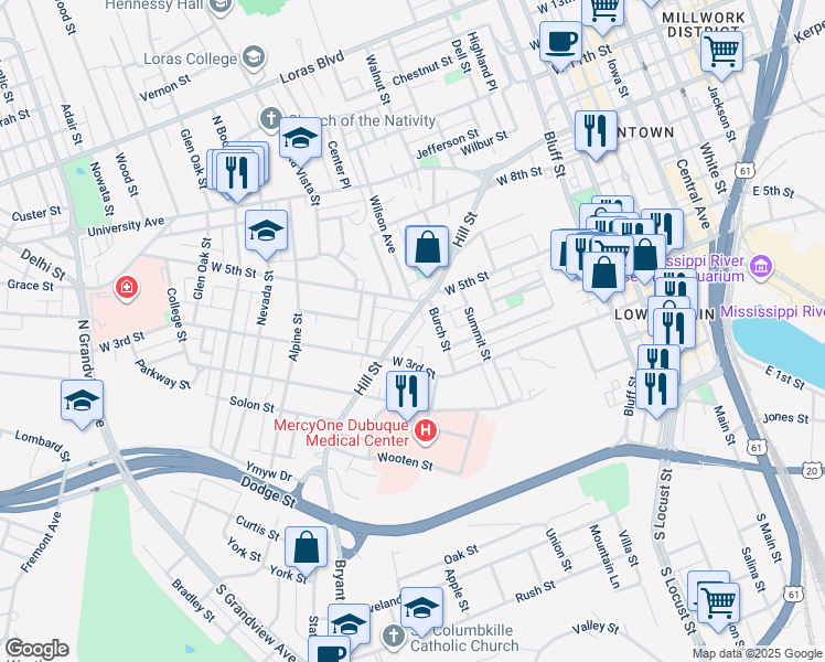 map of restaurants, bars, coffee shops, grocery stores, and more near 408 Hill Street in Dubuque